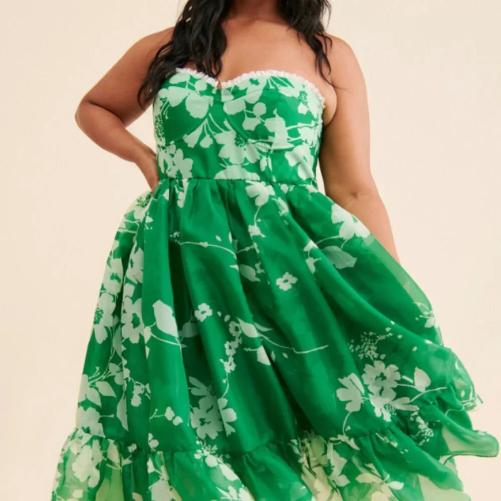 Anthropologie Selkie Floral Corset Dress Puff Hem Green Tea Party (Size XL) - Picture 3 of 7